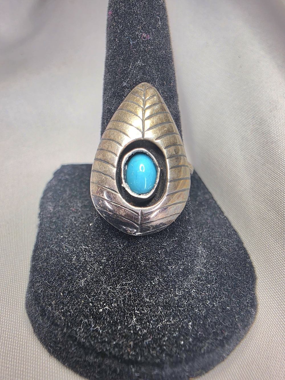 Sterling Silver Leaf Teardrop Ring with Turquoise Stone, Sz 6